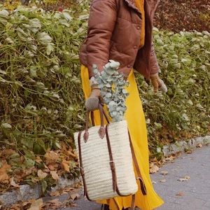 Woven Straw Backpack Tote with Brown Leather Trim - Natural